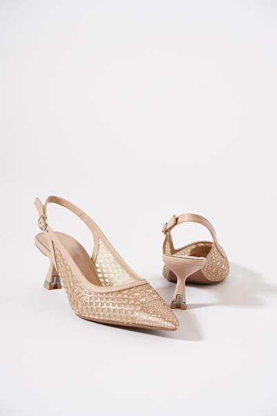 Moda Pie Women's Evening Dress Heeled Shoes with Stone Detail Gold