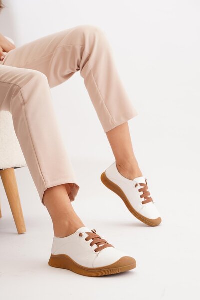 Moda Pie Mene Taban Dikiş Lastik Bağlı Hakiki Deri Ayakkabı Beyaz Cilt