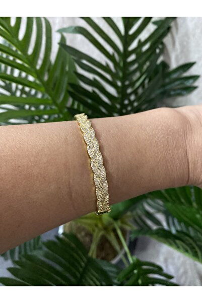 Byoz store 14k altın kaplama örgü model zirkon taşlı kelepçe