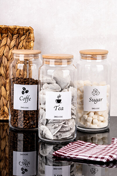 dnshome 3'lü Bambu Kapaklı İngilizce Etiketli Çay Şeker Kahve Saklama Kavanoz...