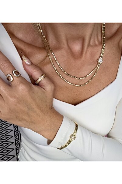 Vip Seri İkili Lazer Kesim Plaka Baget Taşlı Bileklik Kararmaz 14K Rengindedi...