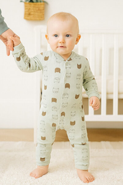 BEREKET BABY Organic Cotton Long Sleeve Baby Romper – Patterned Front Buttone...