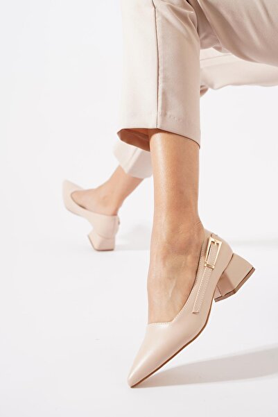 Moda Pie Kelan Yan Tokalı Topuklu Kadın Babet Ten cilt