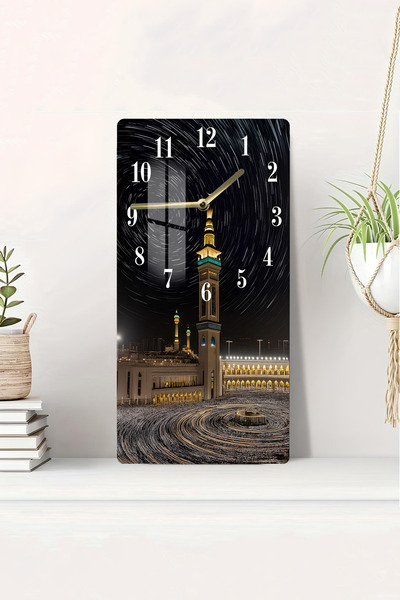 kutuTR Kâbe Gece Gökyüzü Manzaralı Temperli Cam Tablo Saat 30x60 cm | HD UV B...