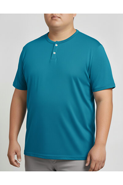 balkonda تي شيرت رجالي كبير الحجم بياقة حاكيم وأزرار من القطن باللون الفيروزي