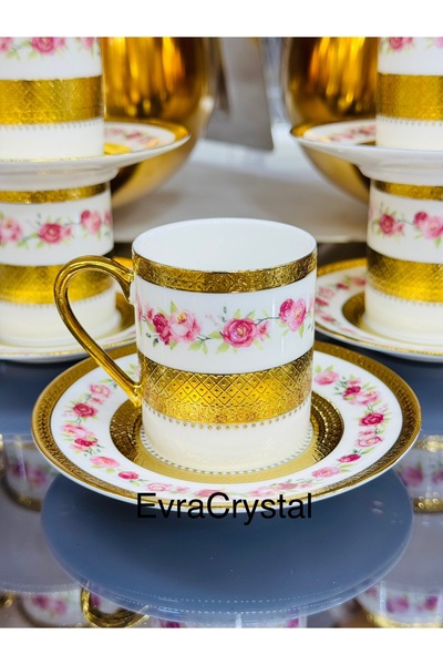 EVRA Kosova 6 Kişilik Çiçekli Altın Yaldızlı Porselen Fincan Takımı