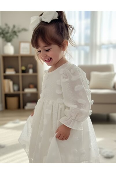 Tinypeople Rochie boemă pentru fetiță Rochie albă pentru copii Rochie cu pompon pentru fetiță Rochie elegantă pentru copii