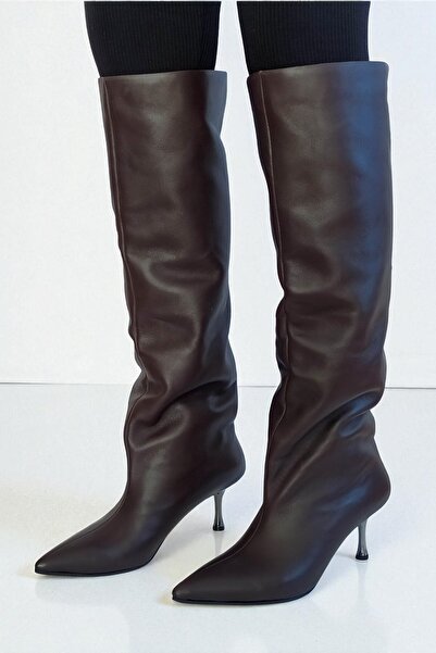 ERS Air Comfort Acı Kahve Hakiki Deri Kadın Diz Altı Çizme 7 cm Metal İnce Topuk Sivri Burun