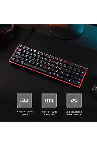 REDRAGON K628 Pollux Wired Mechanical RGB Gaming Keyboard (75%, 78 Hot‑Swappable Keys, Red)