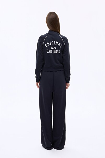 Quzu Women's Stripe Detailed Elastic Waist Trousers Pnt00760 Navy Blue