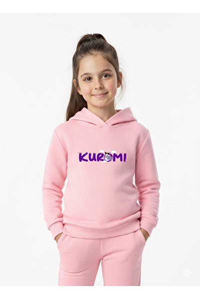 Let's Wear Kuromi Cloud Printed Children's Hooded Premium Compact Sweatshirt Tracksuit Set with Pockets and Drawstrings