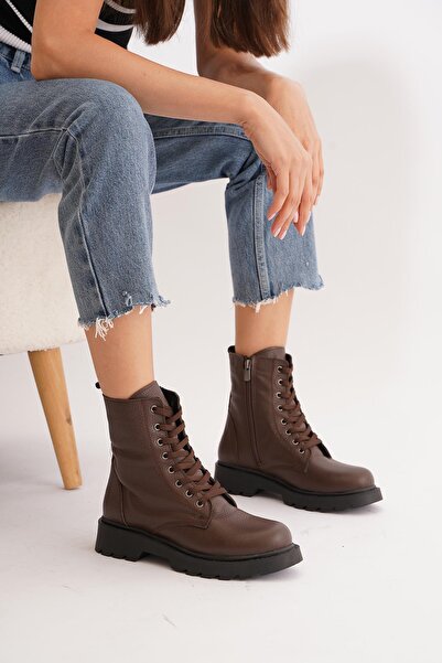 Moda Pie Volet Bağlı Hakiki Deri Kadın Postal Kahve Cilt