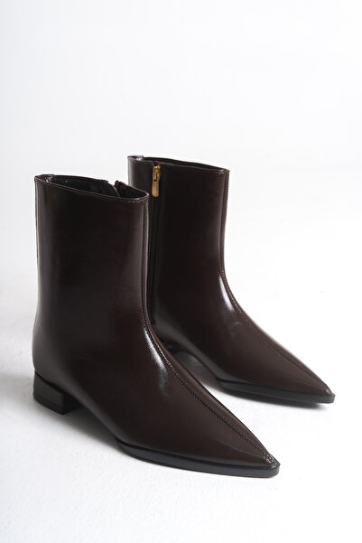 Long Star Kadın Kahve Rugan Sivri Burun Düşük Topuklu Fermuarlı Suni Deri Günlük Ofis ve Kışlık Bot