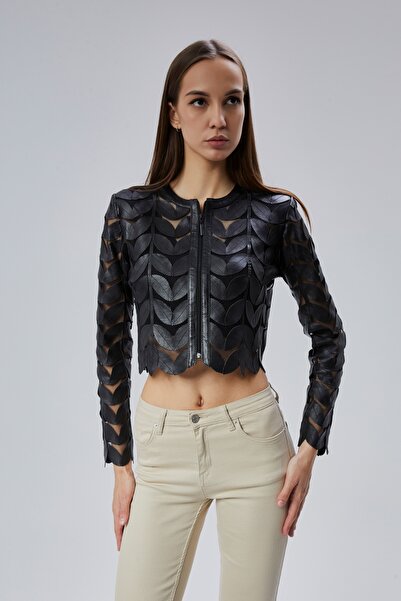 KENDE سترة نسائية قصيرة من الجلد الطبيعي بنقشة أوراق الشجر من ديلا