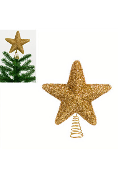JML 18cm gold Christmas star, glitter fir top and spiral stand