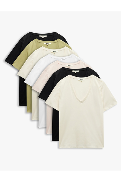 Koton Cotton 7-Pack Short-Sleeve Women's V-Neck T-Shirt Set