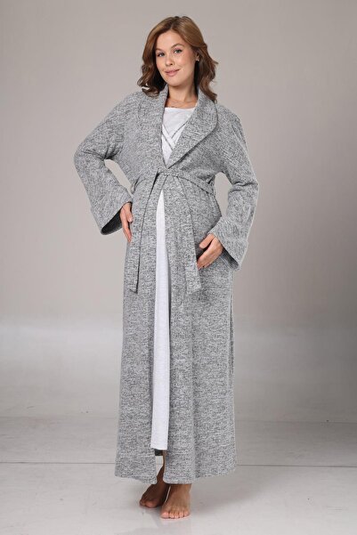 Lohussa Kadın Gri Jakarlı Şal Yaka Tam Boy Kışlık Uzun Kol Özel Tasarım Lohusa Hamile Sabahlık Gecelik Seti