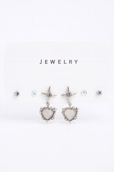 MakeWell 3-Piece Earring Set with Crescent Moon, Star, Heart, Whale Tail Designs and Solitaire and Pearl Earrings