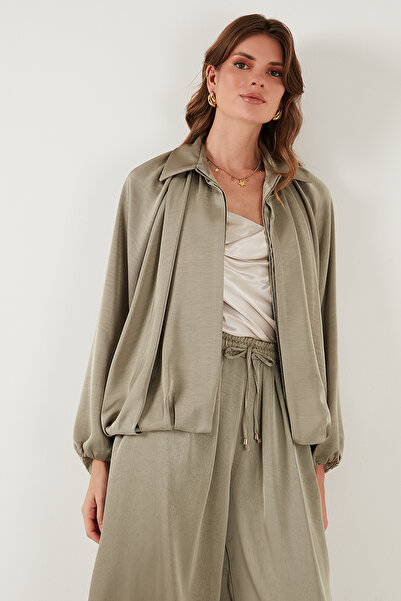 Lela Oversize Classic Collar Bat Sleeve Zippered Satin Jacket Jacket 6839584