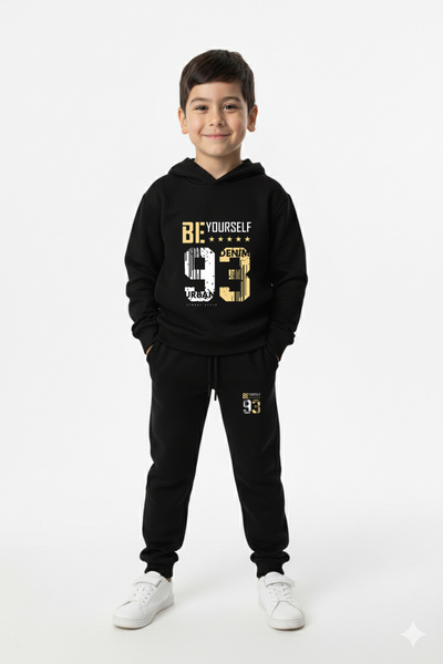 Let's Wear Be Yourself Printed Children's Hooded Premium Compact Sweatshirt Tracksuit Set with Pockets and Drawstrings