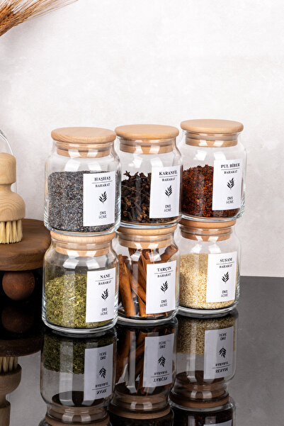DNS HOME 6-Piece Glass Spice Jar Set with Wooden Vacuum Lid Spice Jar Set with Labels 300 ml