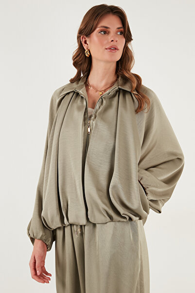 Lela Oversize Classic Collar Bat Sleeve Zippered Satin Jacket Jacket 6839584