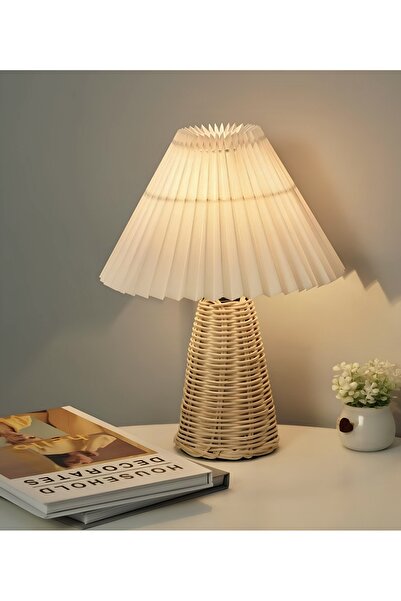 burenze Modern Abajur Premium Krem Kumaş Umbrella Abajur Hasır Bambu Gövde Ma...
