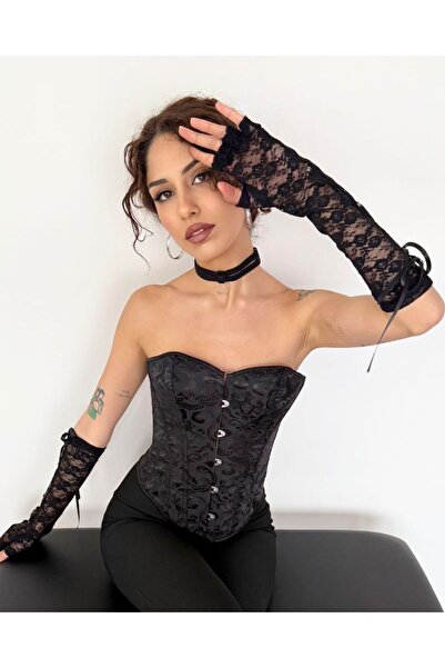 BIGPARTYWEAR Gothic Elegance: Siyah Desenli Korse