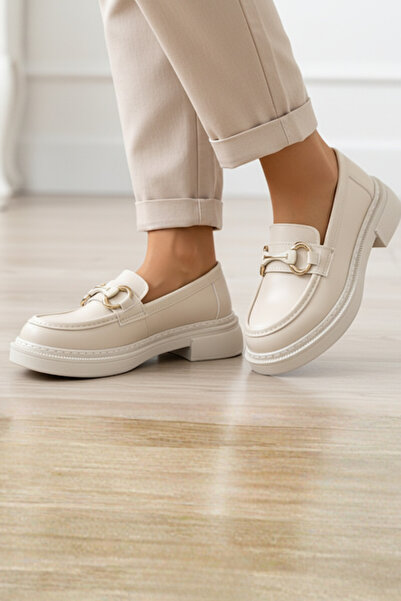 Ekonomik Ayakkabı Kadın Tokalı Loafer – Krem, Kalın Taban Mokasen, Günlük Rahat Ayakkabı