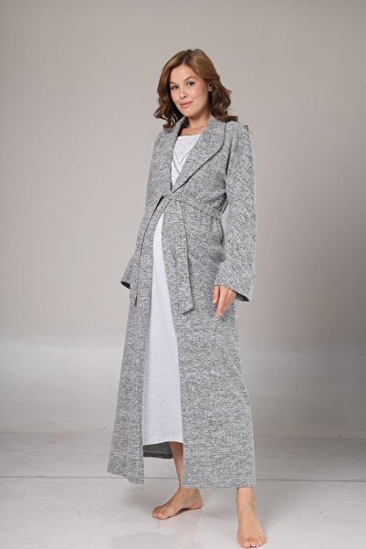 Lohussa Kadın Gri Jakarlı Şal Yaka Tam Boy Kışlık Uzun Kol Özel Tasarım Lohusa Hamile Sabahlık Gecelik Seti