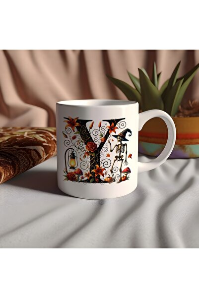 Beramussa Letter Y Mug with Skeleton Figure and Flowers - Halloween Special Gift