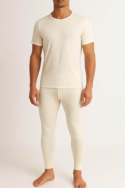 Hasyün Men's 75% Wool Short Sleeve Undershirt Undershirt and Long Johns Underwear Set 100/101E - 1 Set