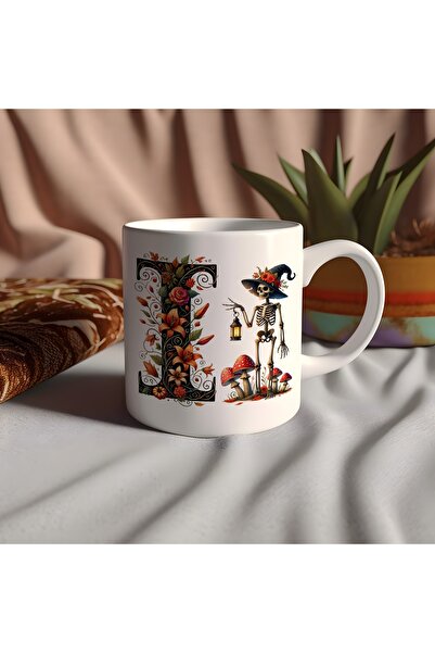 Beramussa كوب على شكل حرف I مع هيكل عظمي وقبعة وزهور - هدية خاصة لعيد الهالوين