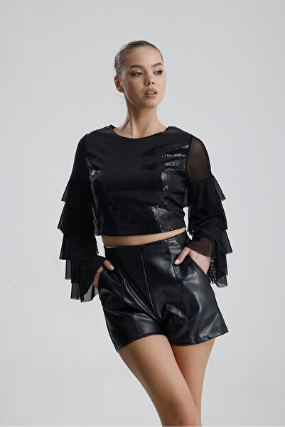 Sense Suni Deri Yüksek Bel Şort | ŞRT34533 Siyah