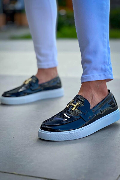 Zerenyus Zrk-027 Laceless Black and White Patent Leather H Casual Men's Classic Shoes