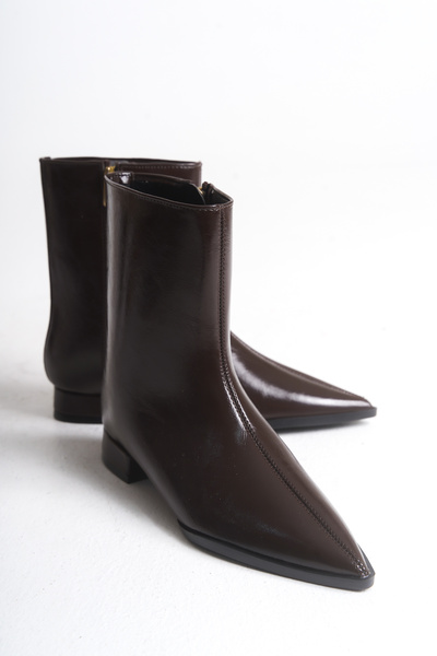 Long Star Kadın Kahve Rugan Sivri Burun Düşük Topuklu Fermuarlı Suni Deri Günlük Ofis ve Kışlık Bot