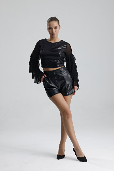 Sense Suni Deri Yüksek Bel Şort | ŞRT34533 Siyah