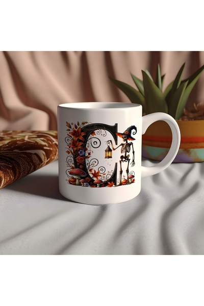 Beramussa كوب على شكل حرف C مع قبعة وهيكل عظمي وزهور - هدية خاصة للهالوين