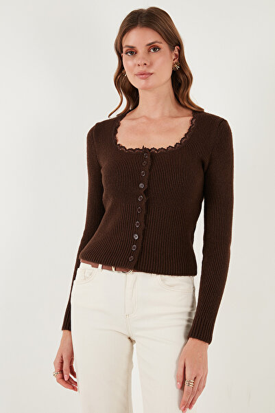 Lela Premium Slim Fit Lace Detailed Collar Knitted Cardigan Cardigan 680Hi00061