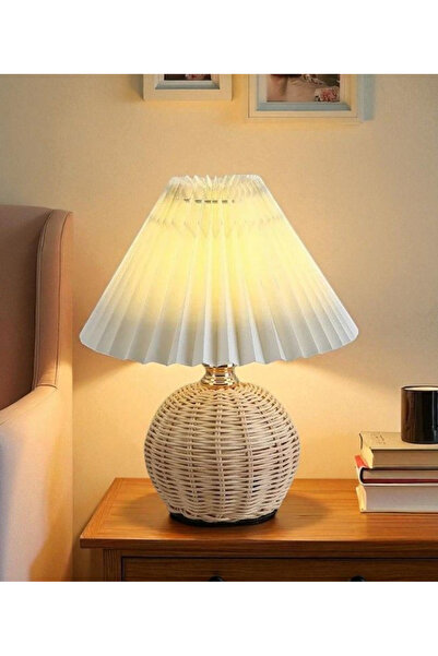 burenze Modern Abajur Premium Krem Kumaş Umbrella Abajur Rattan Hasır Bambu Gövde Masa Lambası