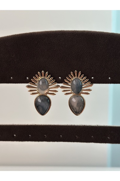 Tasarım Özel Seri Gri Taşlı Gold Küpe