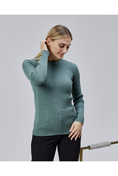 Jinx Wear Fashion Sıfır Yaka Saç Örgü Düğme Detaylı Kadın Trend Triko Kazak