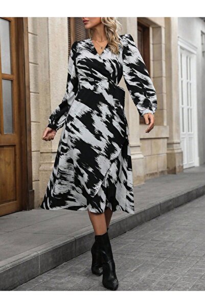 MİO EQURİ Дамска рокля с дълги ръкави, кръстосан деколте, връзки отстрани и м...