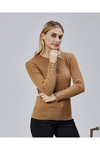 Jinx Wear Fashion Sıfır Yaka Saç Örgü Düğme Detaylı Kadın Trend Triko Kazak