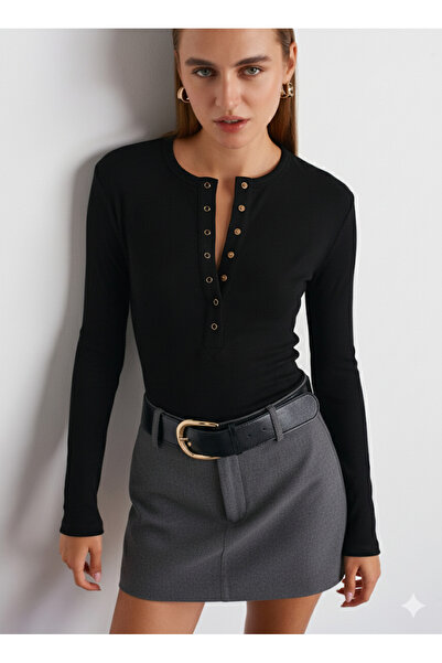 Dilvin 32024 Çıtçıtlı Modal Karışımlı Top-BLack