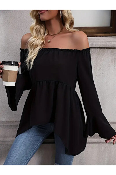 buğrahayalin Women's Long Sleeve Madonna Collar Asymmetrical Detailed Sleeves Spanish Viscose Blouse