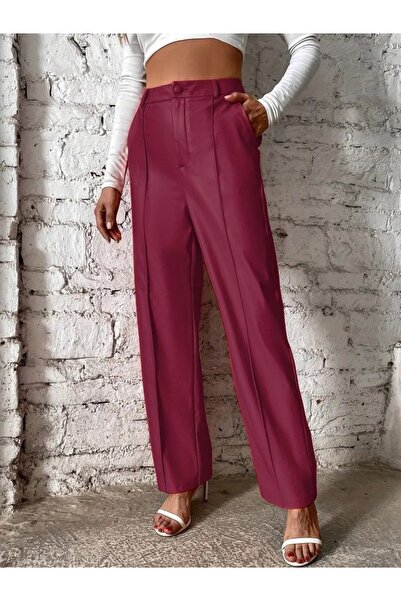 buğrahayalin Women's Wide Cut Lame Leather Trousers with Front Zipper Pockets