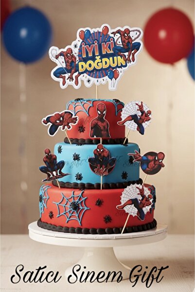 Sinem Gift Örümcek Adam Pasta Süsü -Örümcek Adamlı 6 lı Cupcake Süsü- Örümcek...