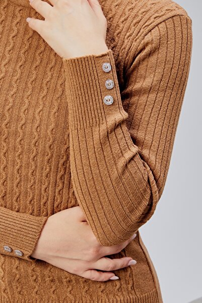 Jinx Wear Fashion Sıfır Yaka Saç Örgü Düğme Detaylı Kadın Trend Triko Kazak