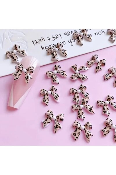 Nera Classy 3 Boyutlu - 3D Fiyonk Leopar Desenli Bow Kurdele Charm Tırnak Süs...